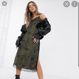 AllSaints print slip midi dress in khaki green.